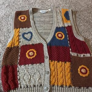 Vintage Knitted by Hand Two Twenty Patchwork Chunky Cable-Knit Cardigan Vest